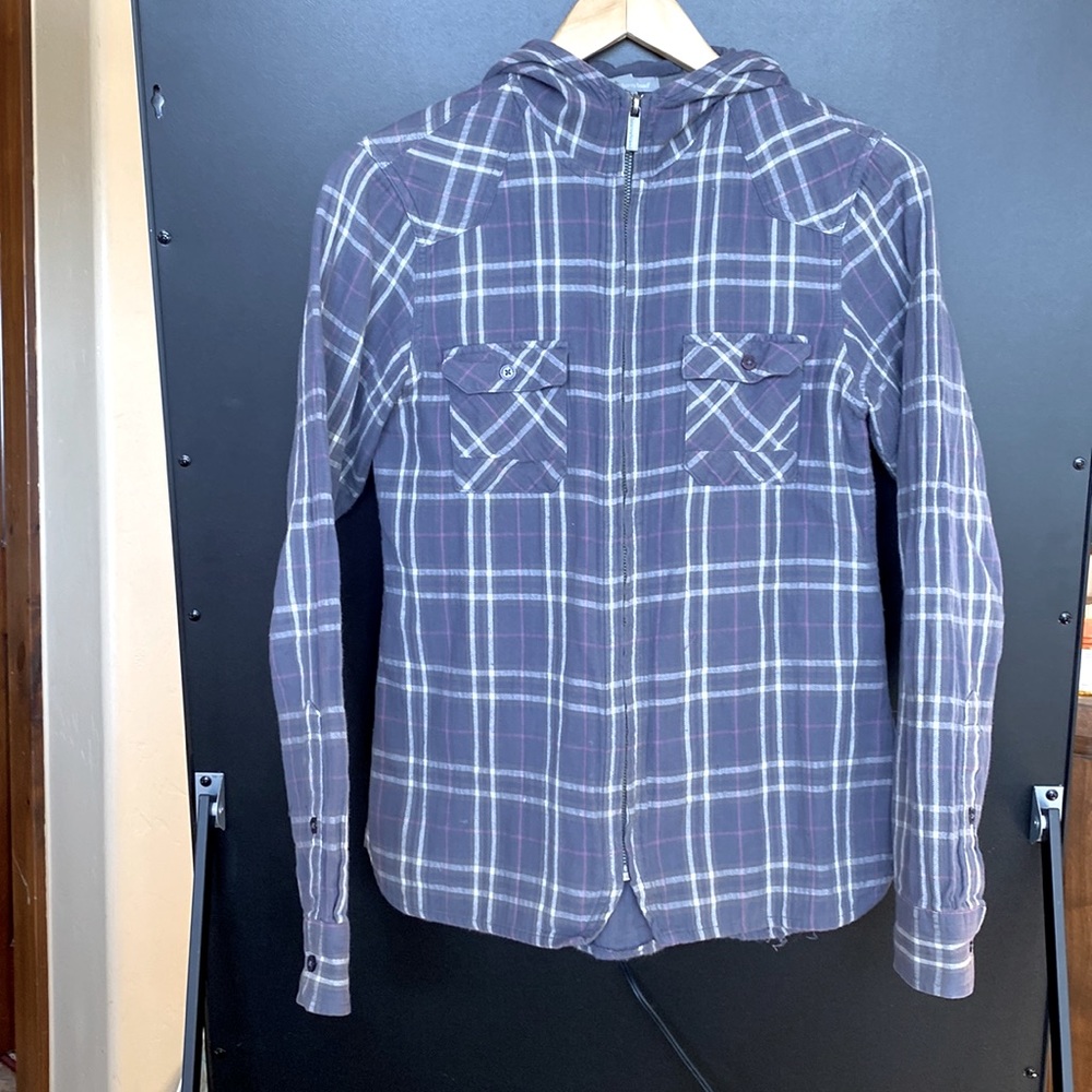 Hornytoad jacket, shacket, hoody, blue plaid, lined.